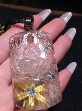 天然钛晶花纯手工抛光 纯手工精雕刻降龙观音无事牌吊坠