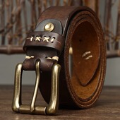 3.8宽水洗复古做旧潮流头层牛皮皮带男真皮针扣牛仔裤 腰带男缝线