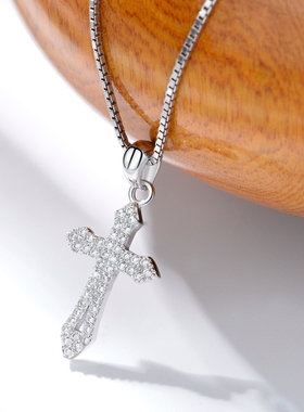 真白银十字架吊坠项链小纯银镶钻