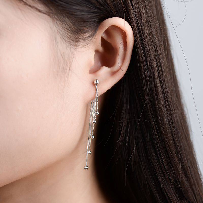 通体S925纯银镀白金长款耳坠背挂式耳环女长流苏银珠耳线银耳吊坠