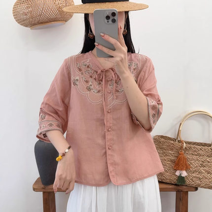 园园美衣苎麻女式衬衫新款2026夏季刺绣短袖衬衣宽松圆领系带开衫