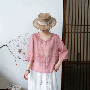 园园美衣夏季新品刺绣苎麻衬衫女装套头宽松气质休闲上衣