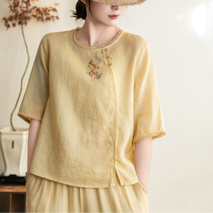 小衫 偏襟上衣苎麻T恤衫 文艺清新中式 园园美衣刺绣上衣女2026夏季