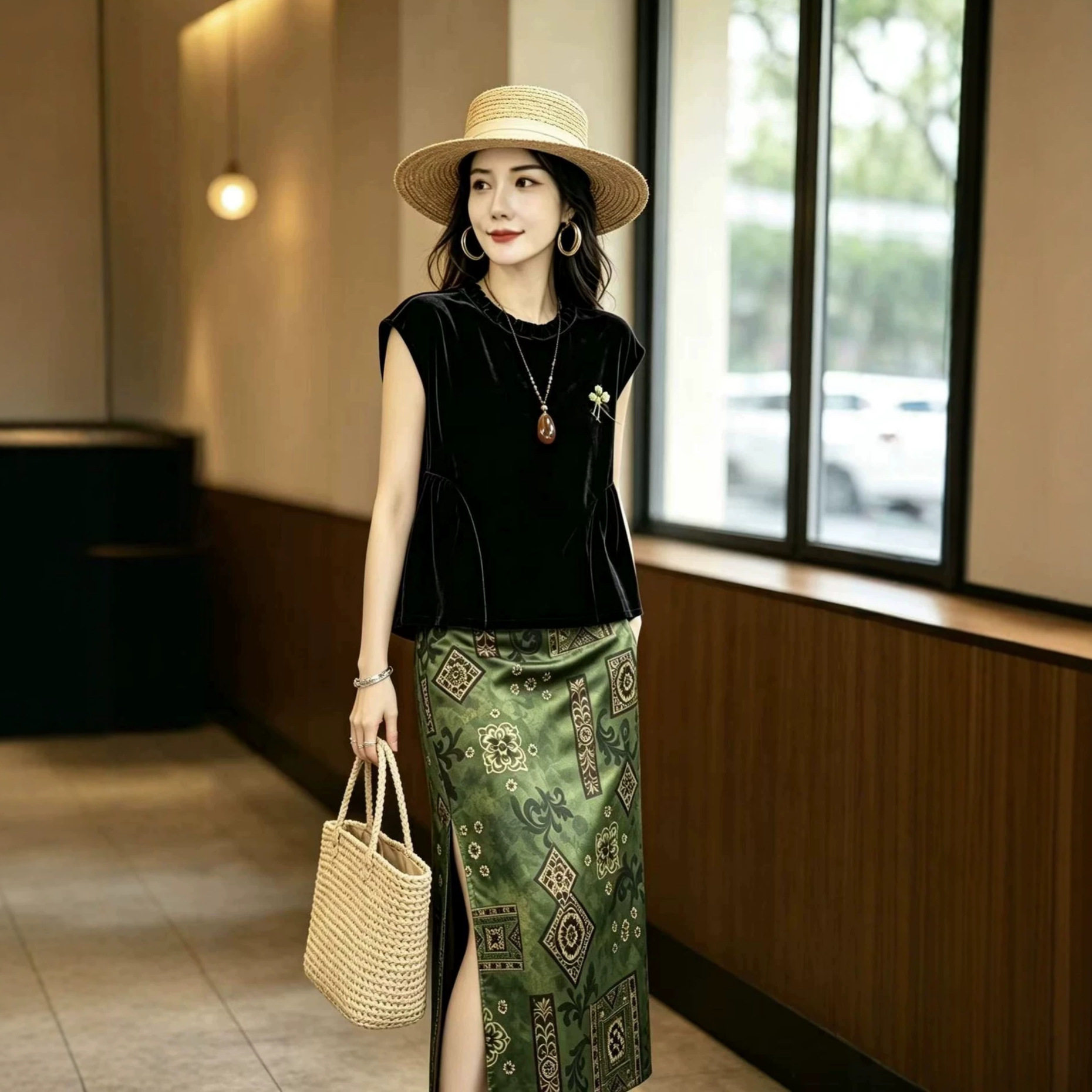园园美衣工彩珠胸针丝绒上衣拼接设计新中式国风女装气质背心上衣