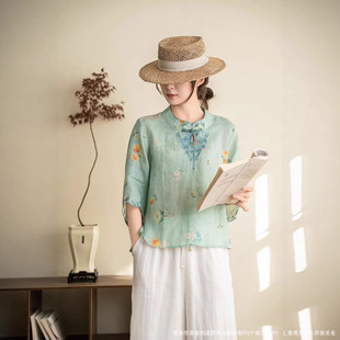 宽松小衫 园园美衣衫 立领套头上衣刺绣透气清凉短袖 新款 女2026夏季