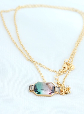 红绿黄绿过渡色微撞色长方形亮钻项链女欧美饰品配饰防过敏镀金