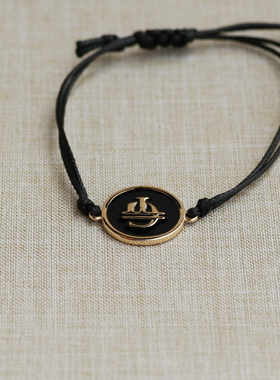 欧美时尚个性简约金属风黑色圆形帆船手链百搭镀金手绳可调节