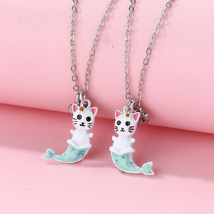儿童项链学生党女童闺蜜仙气二人友谊一对女款鱼尾猫咪吊坠毛衣链