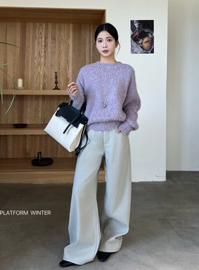 ［T台］T-PLATFORM 韩系松弛感高腰阔腿裤冬款加绒休闲裤女93298
