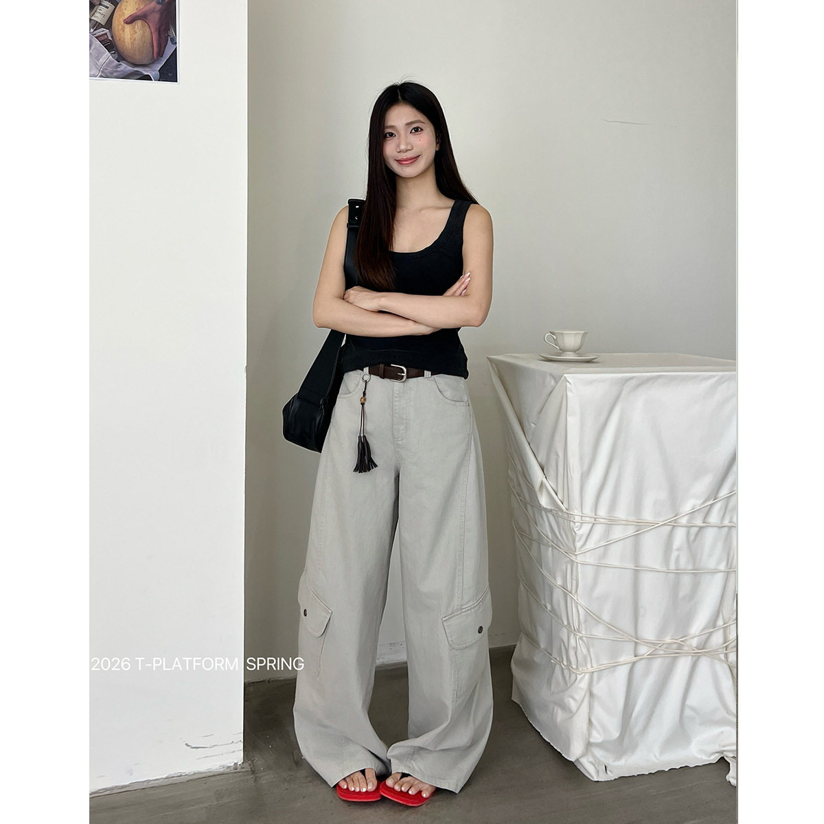 T-PLATFORM 春季新款美式高街潮流工装裤设计感多口袋牛仔裤68126