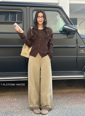 ［T台］T-PLATFORM 格纹裤脚卷边设计裤子冬款牛仔拖地裤93256-1