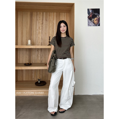 T-PLATFORM 复古潮流弯刀工装裤女2026夏季美拉德阔腿休闲裤16127