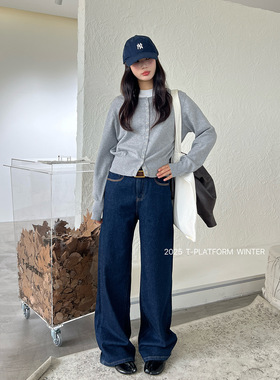 ［T台］T-PLATFORM冬季新款抓毛中直筒裤高腰窄版牛仔拖地裤93221