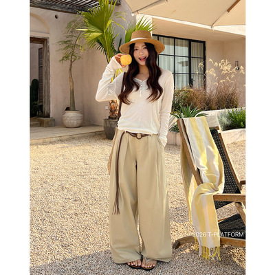 T-PLATFORM 早春新款显瘦垂坠感设计休闲裤韩系慵懒风阔腿裤16058