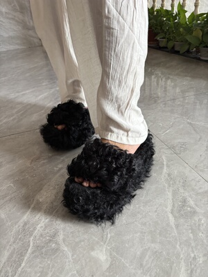 羊羔毛厚底增高10公分毛毛一字拖鞋 羊卷毛秋冬皮草鞋 毛毛鞋网红