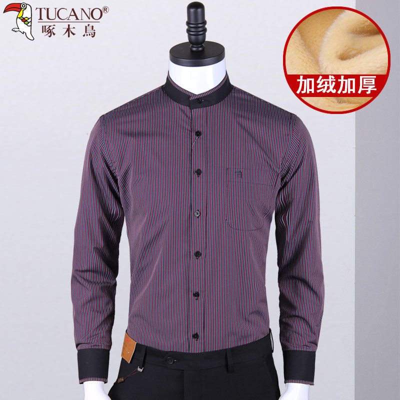啄木鸟立领条纹保暖衬衫男长袖加绒加厚商务休闲直筒圆领衬衣免烫