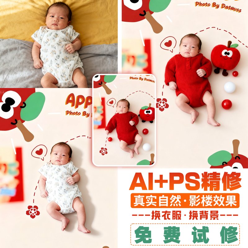 PS修图精修儿童生活照艺术照宝宝百天照满月照婴儿新生儿AI换背景图片