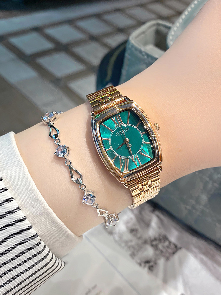 2021年julius聚利时手表女韩版酒桶型时尚高级小绿表精钢ja-1311