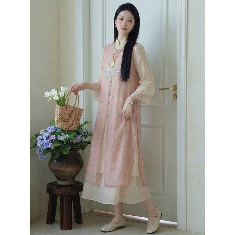 温柔中国风少女改良绣花马甲荷叶边旗袍裙两件套2026年春夏季新款