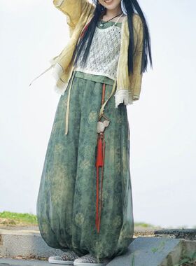 汉元素汉服通勤唐装三件套秋季新款百搭森系绿色灯笼裤小个子茶服