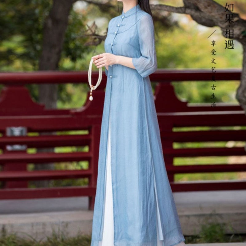 春夏季新款禅意茶服文艺汉服中国风连衣裙旗袍改良版唐装中式套装