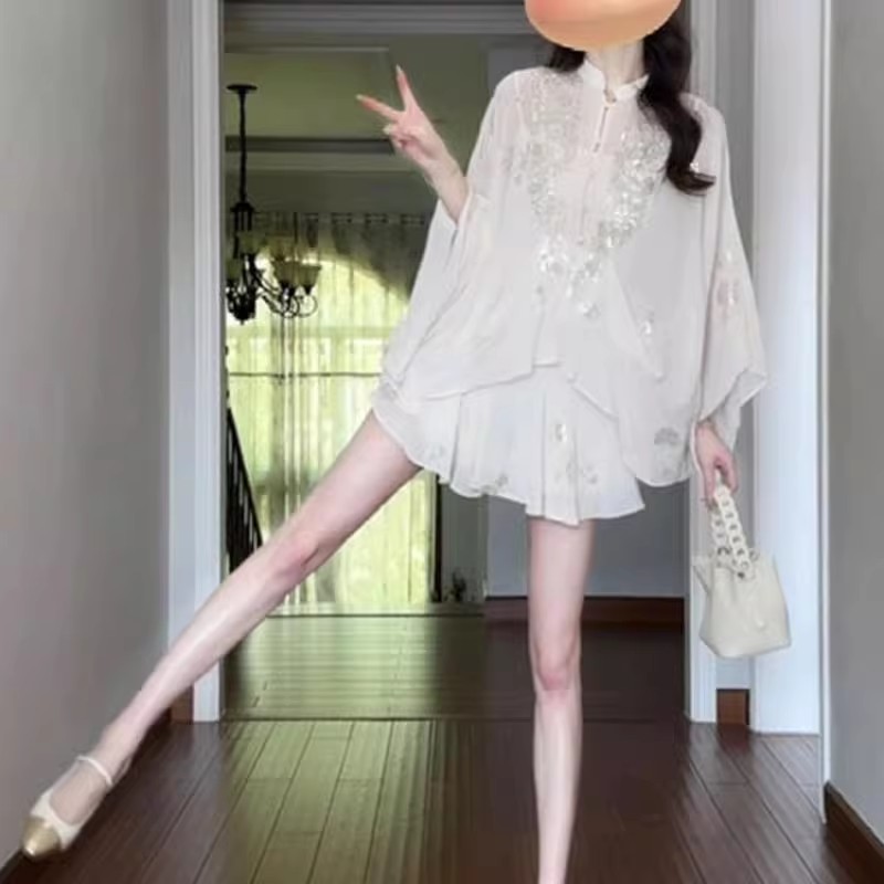 倒大袖衬衫上衣半身裙两件套