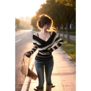 WananLili晚安里里 韩系复古修身 性感针织衫 早秋新品