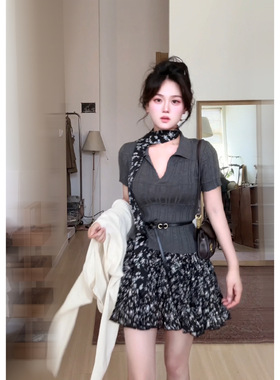 WananLili晚安里里/深灰色天丝修身针织polo衫