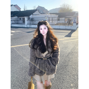 Wananlili晚安里里.秋冬新款 气质女人味收腰纯色环保皮草外套女