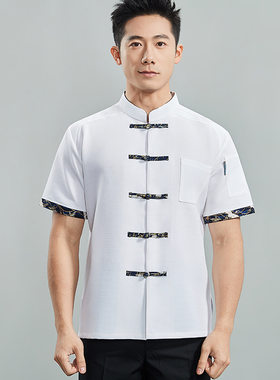 夏季薄款中式唐装男厨师服定制印
