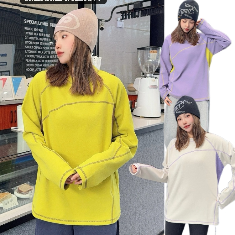 撞色拼接双面德绒保暖T恤