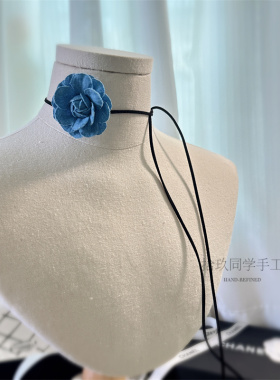 夏季甜酷绑带牛仔山茶花皮choker