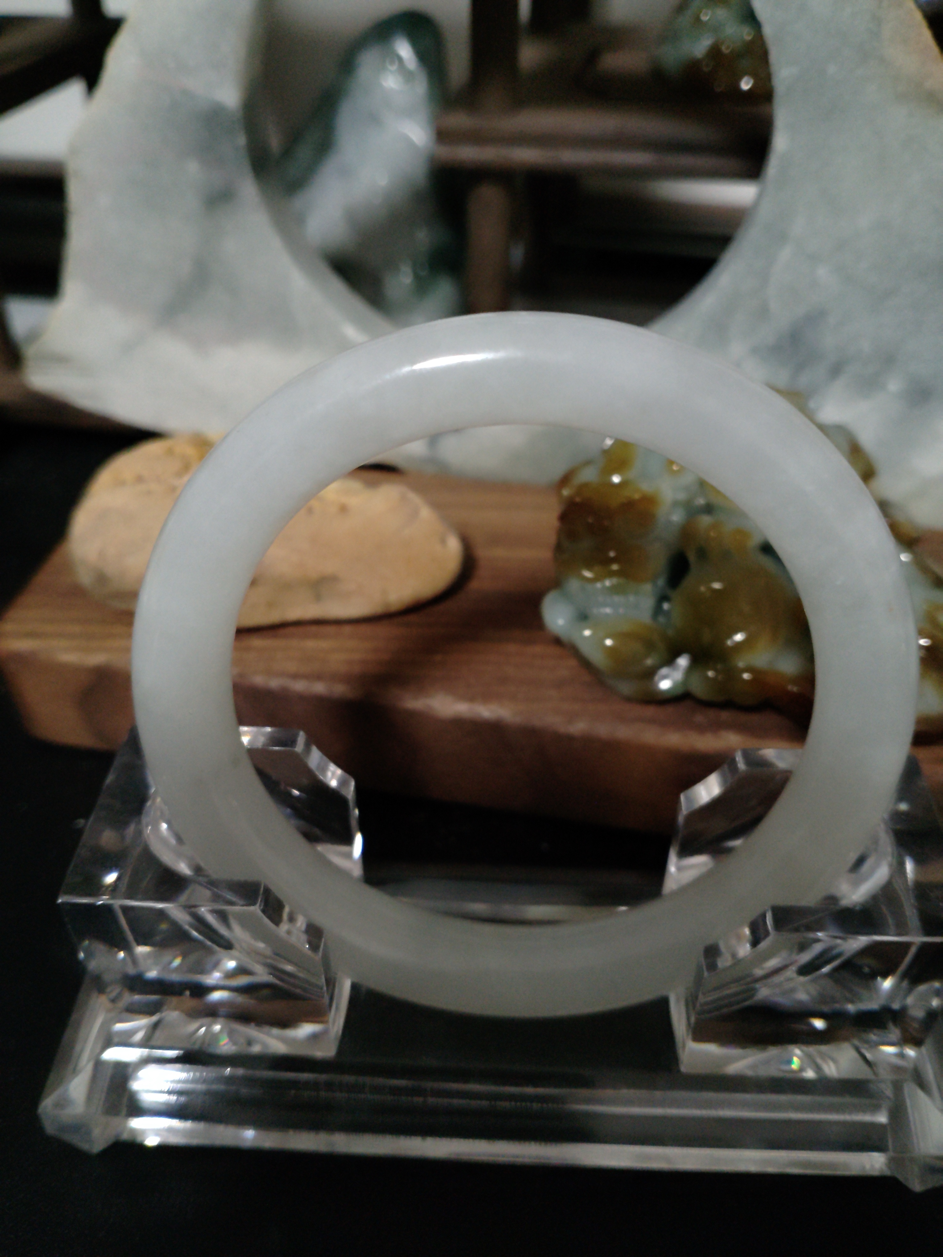 天然缅甸A货翡翠糯冰种白月光雪花棉53.1圈口圆条手镯双节特惠