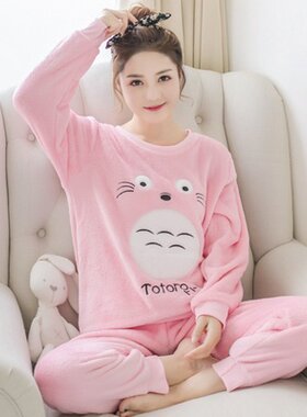 睡衣女冬珊瑚绒韩版大码可爱秋冬款加厚法兰绒女士家居服春秋套装