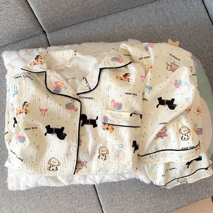 2026年新款睡衣女款春秋季纯棉纱布长袖长裤日系ins小狗家居服夏