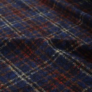 意大利进口复古蓝黑红褐色格纹编织小香风羊毛混纺布料设计师面料