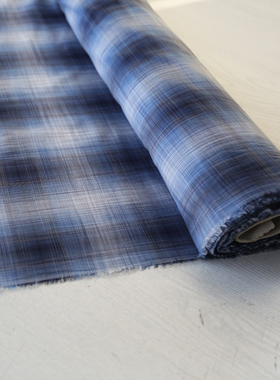 意大利进口薄款蓝紫白色朦胧格纹色织细腻纯棉府绸面料设计师布料