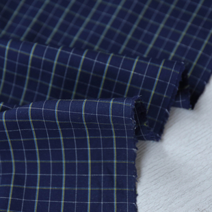 日本进口薄款深蓝底黄色细腻格纹高支纯棉府绸面料设计师布料