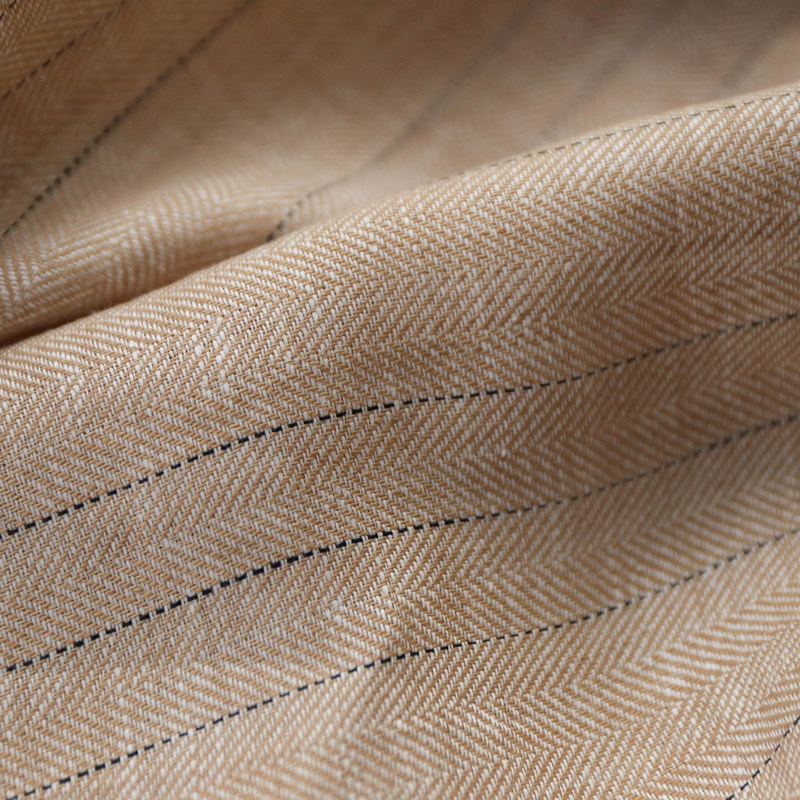 意大利进口薄款驼白人字鱼骨纹细腻编织纯亚麻面料设计师布料