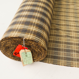 重磅进口素黄驼褐蓝色格纹提花编织真丝亚麻混纺面料设计师布料