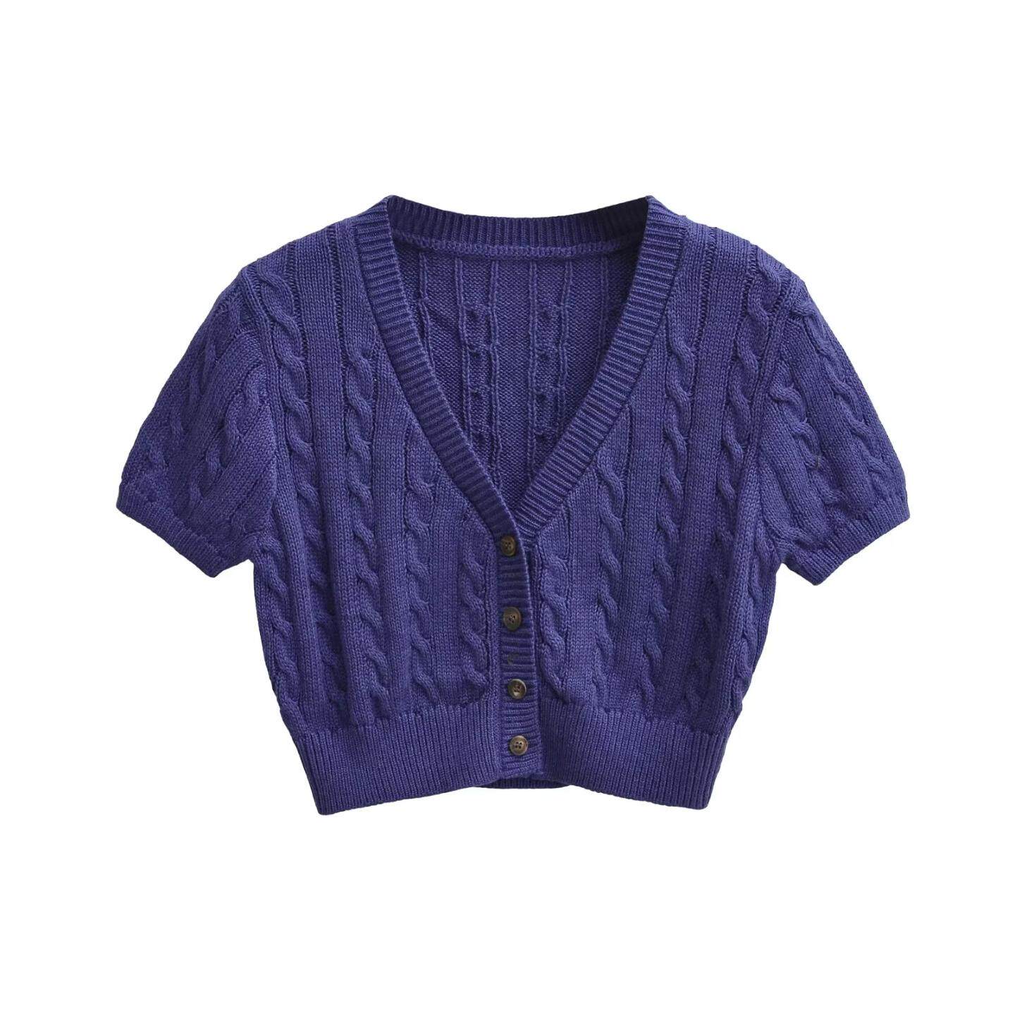 辣妹风V领短袖麻花针织开衫女性感露脐修身显瘦百搭短款毛衣上衣