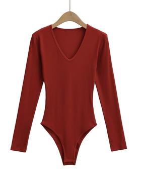 欧美风辣妹性感V领长袖打底衫女夏修身显瘦舞蹈内搭可外穿连体衣