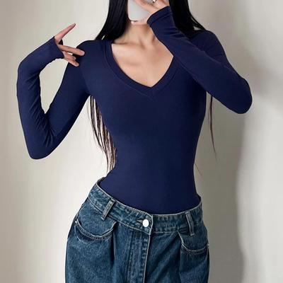 欧美风V领长袖T恤连体打底衫女装