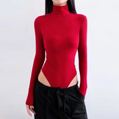 女T恤弹力修身 连体长袖 高领螺纹棉打底连身连裆上衣 大码 欧美时尚