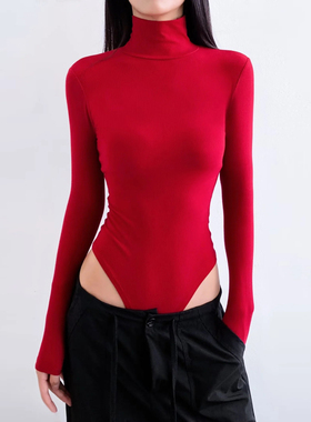 欧美时尚大码连体长袖女T恤弹力修身高领螺纹棉打底连身连裆上衣