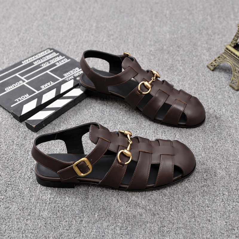 外穿凉鞋女夏2025新款时尚高跟复古镂空编织一字扣带平底罗马鞋