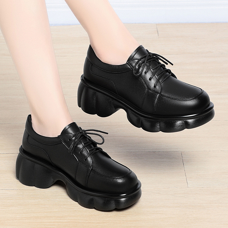 新款英伦风厚底乐福鞋女春秋小皮鞋粗跟系带单鞋软皮新款女士单鞋