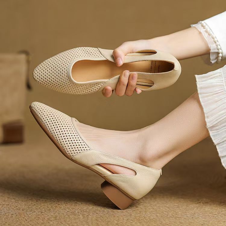 外贸批发】粗跟尖头镂空小皮鞋一脚蹬通勤乐福鞋2025夏季新款单鞋