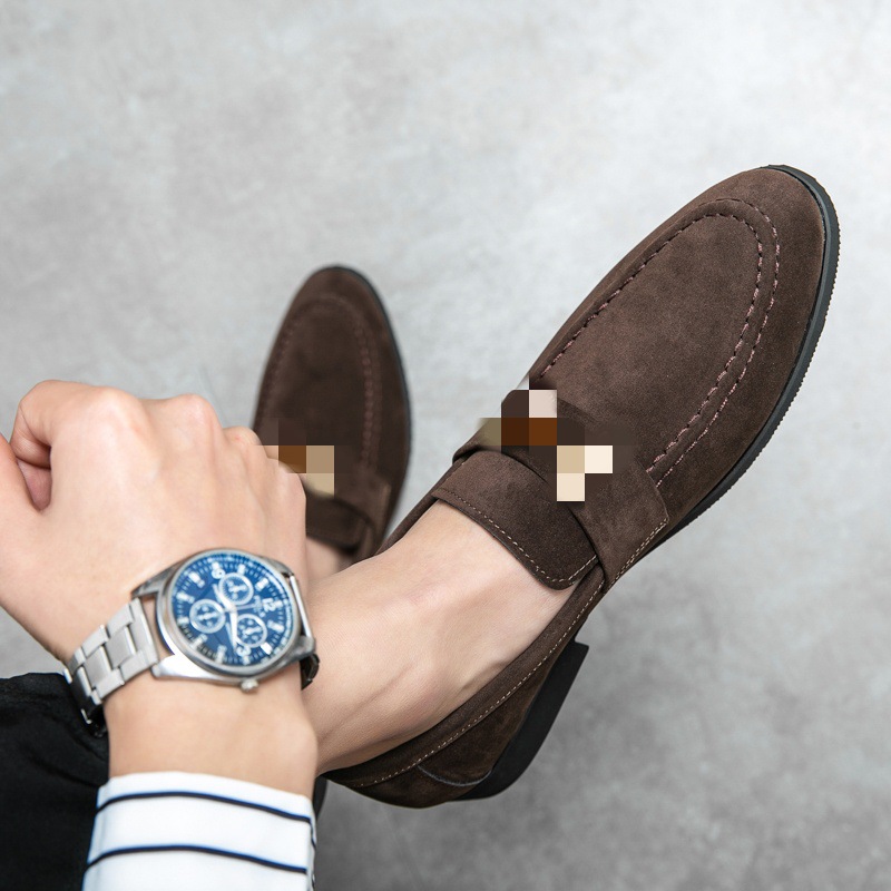 男鞋夏季尖头英伦磨砂反绒皮商务休闲皮鞋男士懒人一脚蹬豆豆鞋