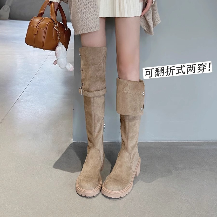 网红爆款两穿翻折厚底长筒靴子女2025年春秋冬新款粗跟过膝骑士靴